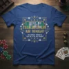 T-shirt design featuring the quote "Luck Be In The Air Tonight" in a game show style with grid and ornate