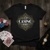 Black t-shirt with "LUCKY CASINO SHIRT (DO NOT WASH)" text in art deco style, surrounded by geometric shapes and accents