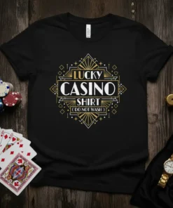Black t-shirt with "LUCKY CASINO SHIRT (DO NOT WASH)" text in art deco style, surrounded by geometric shapes and accents