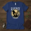 Lucky Charm Cat T-Shirt with black cat and clover design for St. Patrick's Day