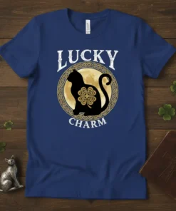 Lucky Charm Cat T-Shirt with black cat and clover design for St. Patrick's Day