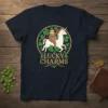 Lucky Charms t-shirt design with a sloth riding a unicorn surrounded by shamrocks and a gold border