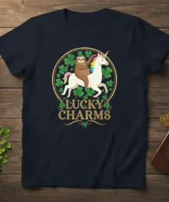 Lucky Charms t-shirt design with a sloth riding a unicorn surrounded by shamrocks and a gold border