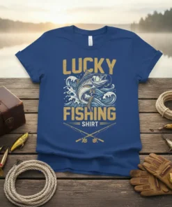 Lucky Fishing Shirt design with a leaping fish, waves, and crossed fishing rods. Features the words "LUCKY FISHING SHIRT" in