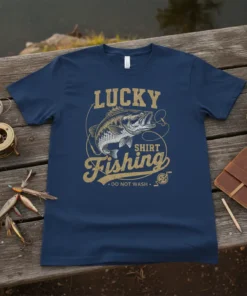 Navy blue t-shirt with distressed gold text "LUCKY SHIRT FISHING DO NOT WASH" and a graphic of a bass fish