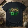 Lucky Girl t-shirt with gold glitter text and green shamrocks for St. Patrick's Day