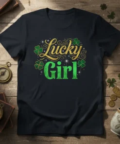 Lucky Girl t-shirt with gold glitter text and green shamrocks for St. Patrick's Day