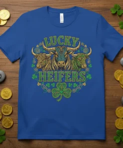 Lucky Heifers t-shirt design with three bulls, shamrocks, and clover graphics in green and gold