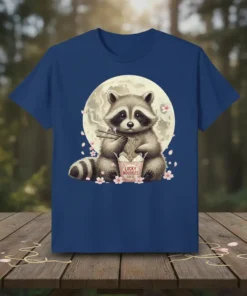 Lucky Noodles Raccoon T-Shirt design featuring a cute raccoon eating ramen with cherry blossoms and a full moon