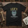 Geometric skull design with "Lucy Australopithecus" text, featuring glowing teal eyes and small bone graphics