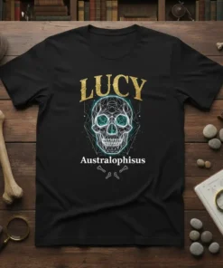 Geometric skull design with "Lucy Australopithecus" text, featuring glowing teal eyes and small bone graphics