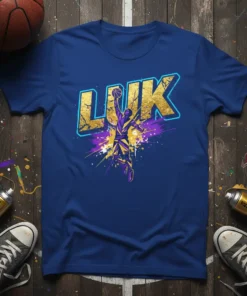 LUK basketball player mid-air slam dunk graphic on a royal blue t-shirt. The word LUK is in distressed gold lettering