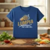 Blue t-shirt with "Lumpia That's How I Roll" text and a golden lumpia graphic