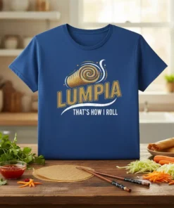 Blue t-shirt with "Lumpia That's How I Roll" text and a golden lumpia graphic