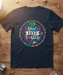 Lunch Hero Squad t-shirt design with colorful text and playful graphics, celebrating cafeteria workers and school lunch staff
