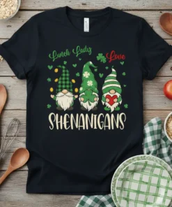 Lunch Lady Love SHENANIGANS t-shirt design with three gnomes and shamrocks, featuring green and white plaid and striped hats