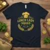 Lunch Lady SQUAD text with chef hat, leprechaun boots, and shamrocks on a navy t-shirt