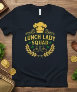 Lunch Lady SQUAD text with chef hat, leprechaun boots, and shamrocks on a navy t-shirt