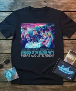 T-shirt featuring Pierre Auguste Renoir's painting Luncheon of the Boating Party in vivid detail