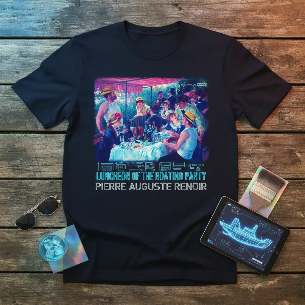 Pierre Auguste Renoir's Luncheon of the Boating Party painting featured on a dark t-shirt