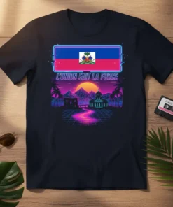 Haiti flag with "L'Union Fait La Force" text on a retro sunset landscape t-shirt design
