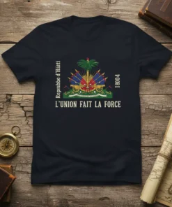 Haiti flag t-shirt with L'UNION FAIT LA FORCE motto and Repubbe d'Häiti 18004 text