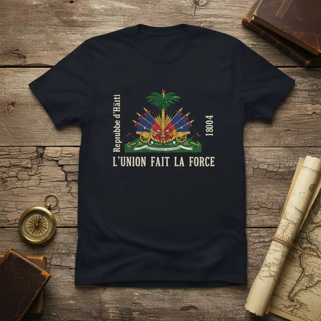 Haiti national motto L'UNION FAIT LA FORCE on a dark t-shirt with flag emblem