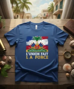 Haitian flag with L'UNION FAIT LA FORCE text on a blue t-shirt, featuring palm trees and crest