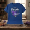 Lupus Warrior T-Shirt with purple ribbon and fist graphic, symbolizing strength and awareness for lupus fighters