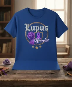 Lupus Warrior T-Shirt with purple ribbon and fist graphic, symbolizing strength and awareness for lupus fighters