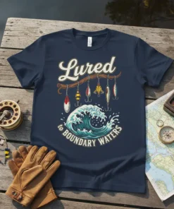 T-shirt design featuring "Lured to Boundary Waters" text with fishing lures hanging and a wave graphic