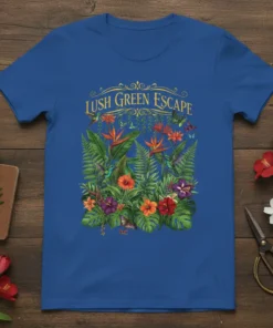 Lush Green Escape t-shirt design featuring vibrant tropical flowers, ferns, hummingbirds, and butterflies with ornate golden text