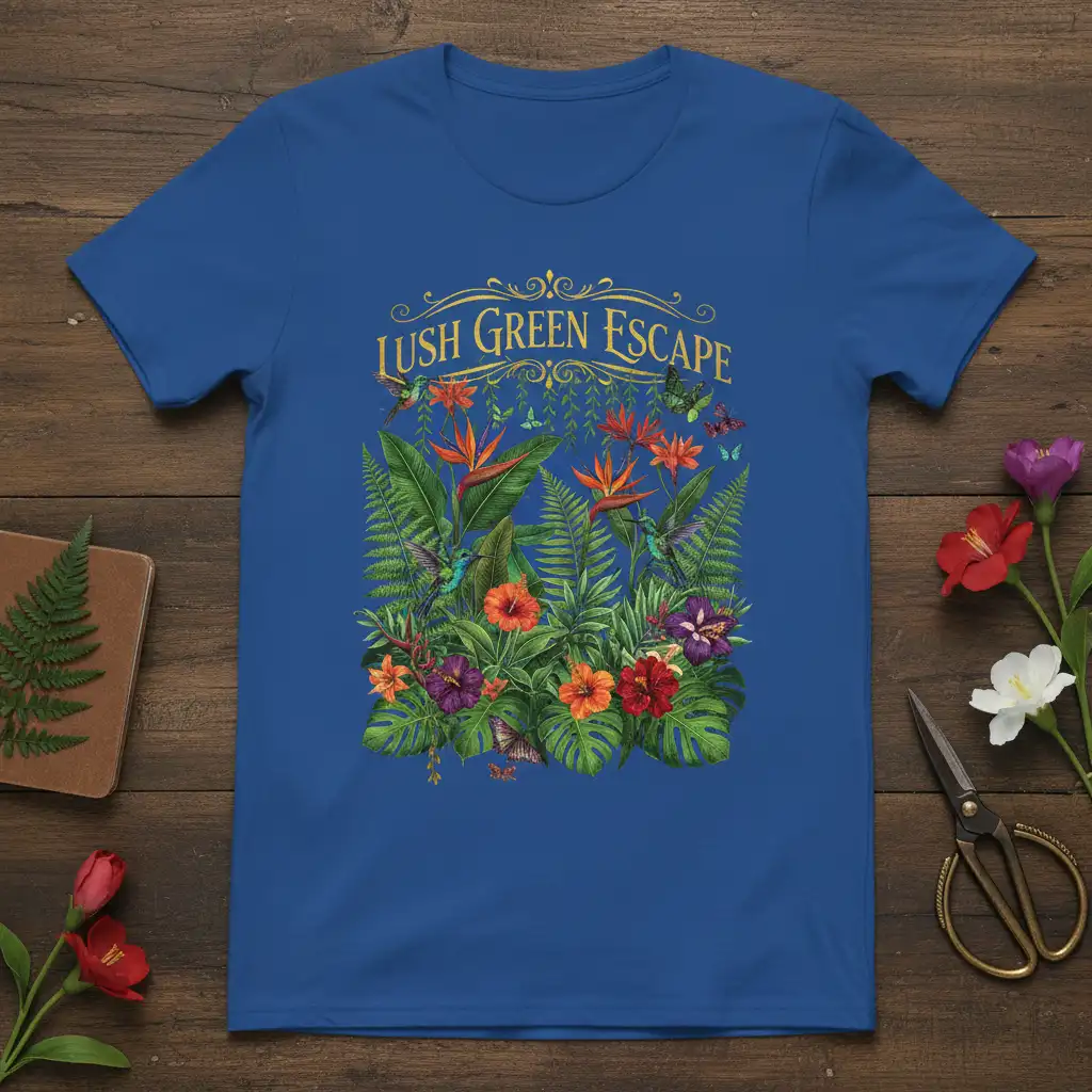 Lush Green Escape text design with tropical plants, hummingbirds, and butterflies in a vibrant jungle scene