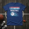 Luxembourg Basketball T-Shirt with bold text and a dynamic basketball graphic featuring the Luxembourg flag colors