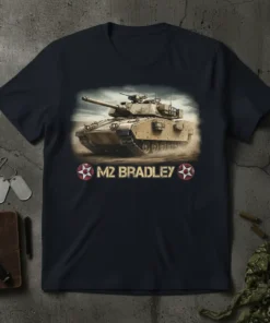 M2 Bradley Tank T-Shirt with graphic of tan combat vehicle in dust, text "M2 BRADLEY" below