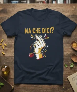 Navy t-shirt with "Ma Che Dici?" in gold text and a hand making the finger snap gesture with a tomato