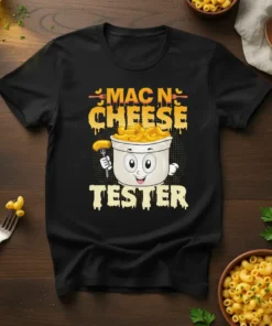Black t-shirt with "Mac N Cheese Tester" text and cartoon bowl of mac and cheese graphic