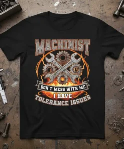 Black t-shirt with "Machinist Don't Mess With Me I Have Tolerance Issues" text, gears, and wrenches graphic