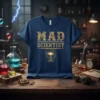Mad Scientist T-Shirt with golden distressed text and atom graphic, designed for science lovers