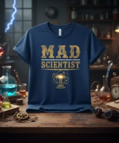 Mad Scientist T-Shirt with golden distressed text and atom graphic, designed for science lovers