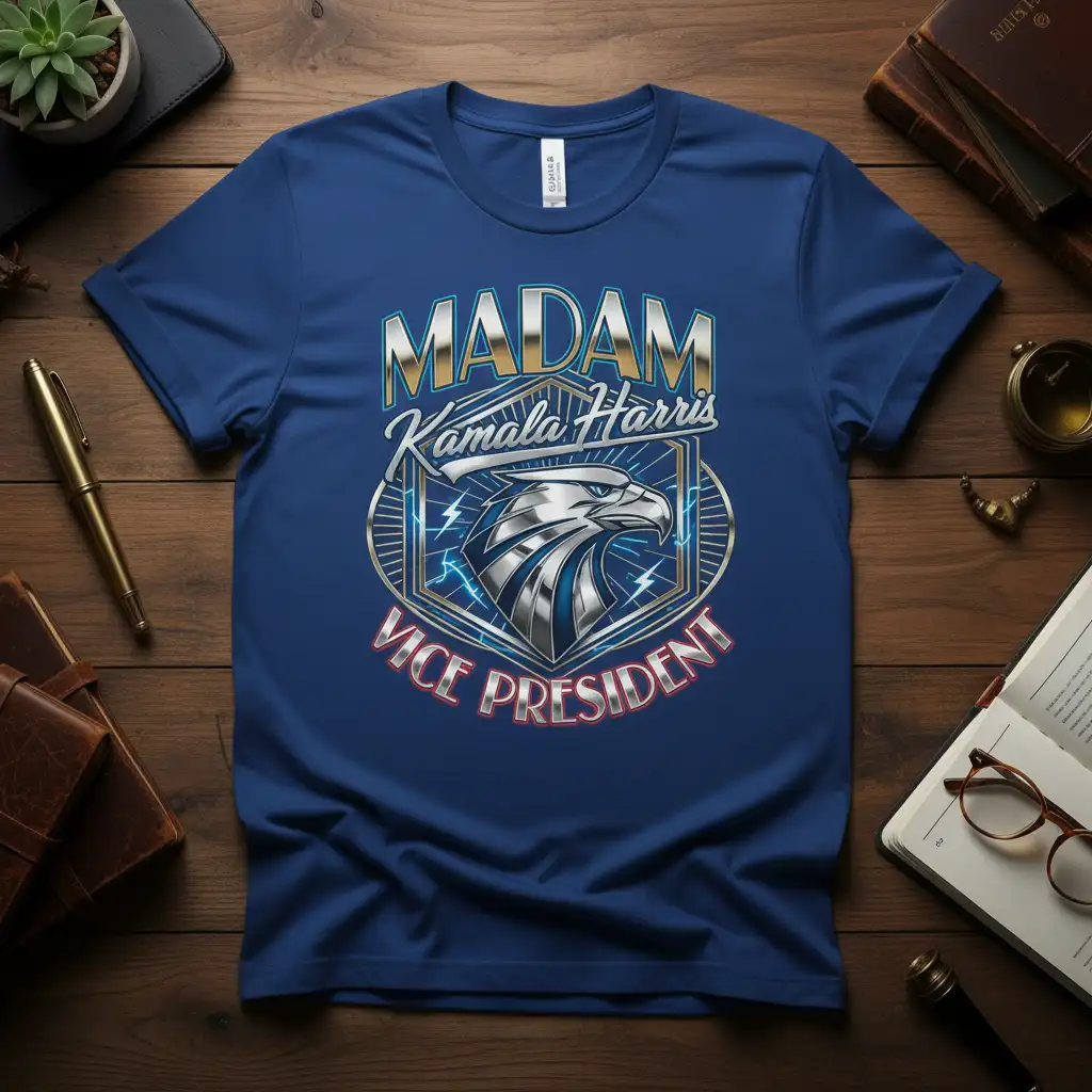 Madam Kamala Harris Vice President quote tee with an American eagle emblem and lightning details