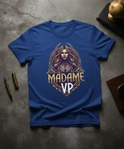 Madame VP text with regal female warrior graphic on blue t-shirt design