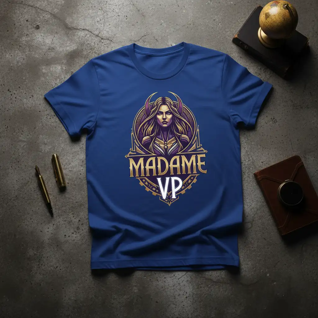Madame VP text featuring a regal female warrior graphic, symbolizing executive power on a t-shirt
