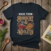 T-shirt design with text "Made From Borscht & Kotlety" featuring a bowl of borscht and kotlety graphics