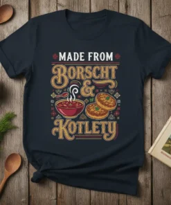 T-shirt design with text "Made From Borscht & Kotlety" featuring a bowl of borscht and kotlety graphics
