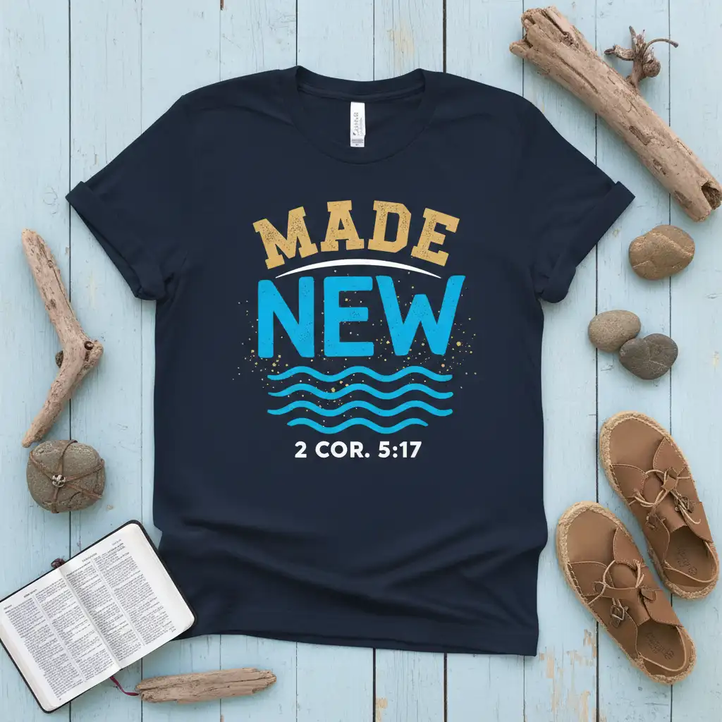 Navy t-shirt featuring the MADE NEW 2 COR. 5:17 bible verse design with water wave graphics