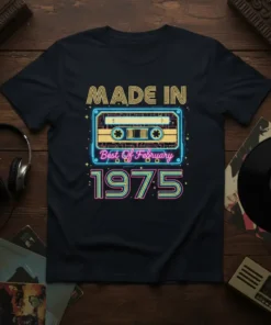 Retro "Made In Best Of February 1975" design on a navy t-shirt featuring a neon cassette tape graphic