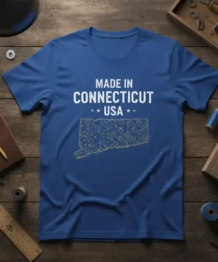 Blue t-shirt with white text "MADE IN CONNECTICUT USA" and a yellow geometric state outline of Connecticut