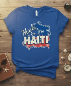 Made in HAITI t-shirt with a map outline filled with palm trees and tropical imagery