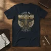 Made to Worship Psalm 95:1 t-shirt with gold guitar and wings graphic